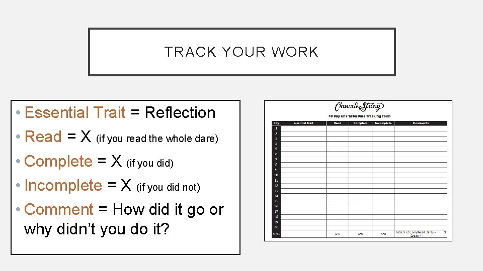 TRACK YOUR WORK • Essential Trait = Reflection • Read = X (if you