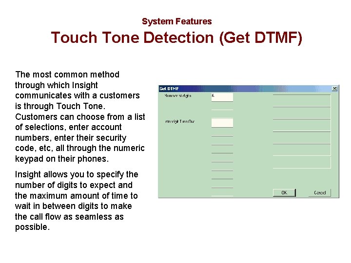 System Features Touch Tone Detection (Get DTMF) The most common method through which Insight