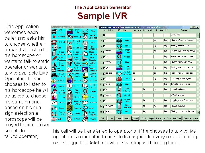 The Application Generator Sample IVR This Application welcomes each caller and asks him to