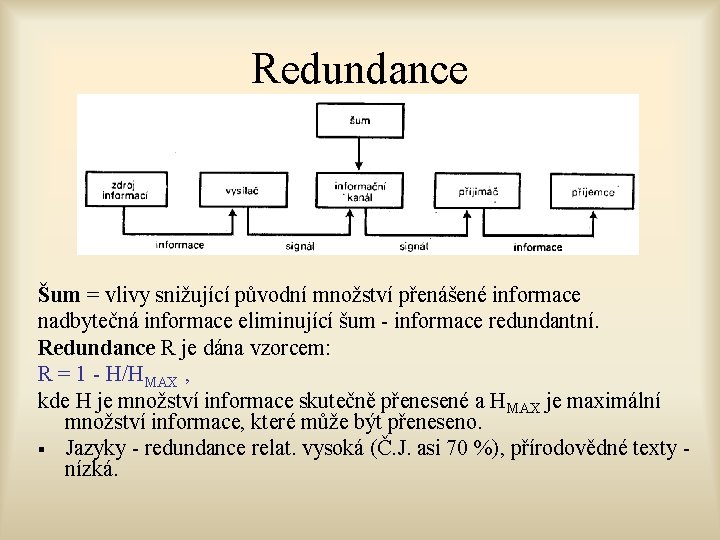 Redundance Šum = vlivy snižující původní množství přenášené informace nadbytečná informace eliminující šum -