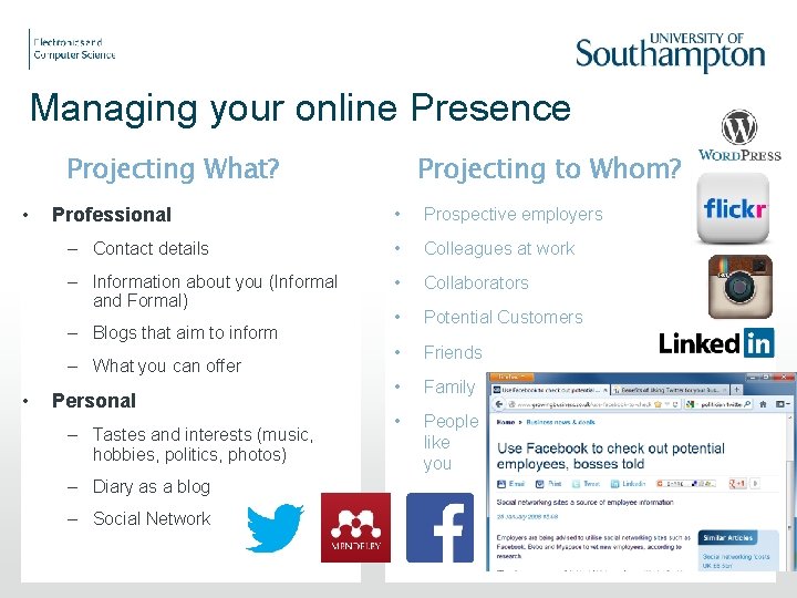 Managing your online Presence Projecting What? • • Prospective employers – Contact details •
