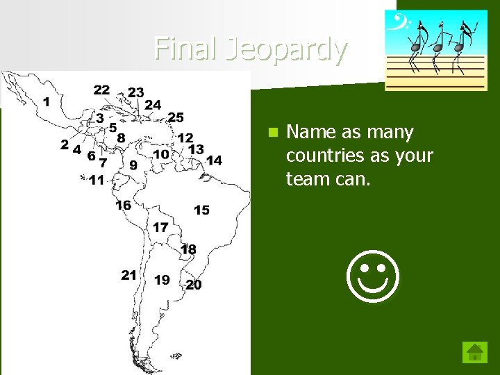 Final Jeopardy n Name as many countries as your team can. 