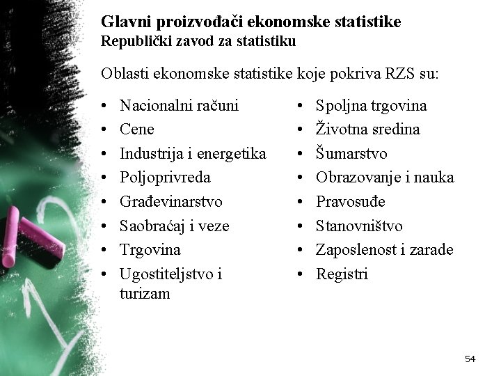 Glavni proizvođači ekonomske statistike Republički zavod za statistiku Oblasti ekonomske statistike koje pokriva RZS