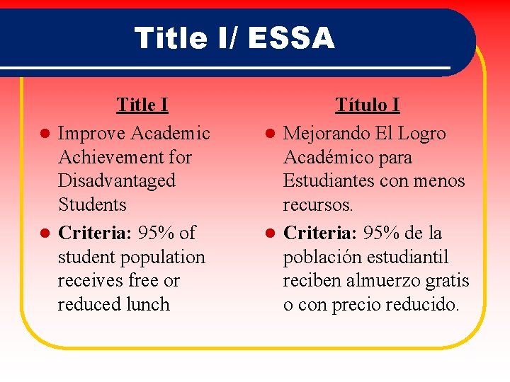 Title I/ ESSA Title I l Improve Academic Achievement for Disadvantaged Students l Criteria: