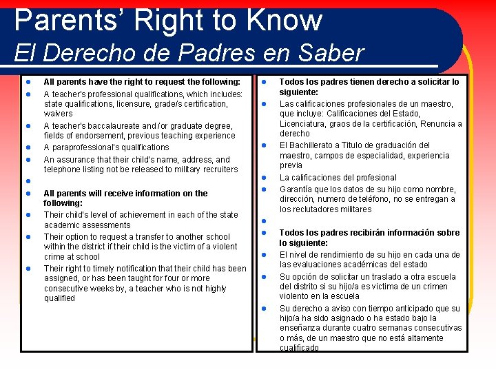 Parents’ Right to Know El Derecho de Padres en Saber l l l All