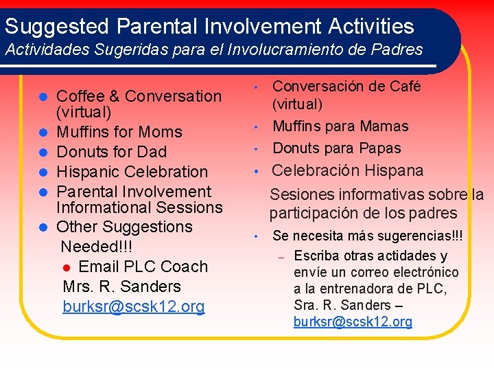 Suggested Parental Involvement Activities Actividades Sugeridas para el Involucramiento de Padres l l l