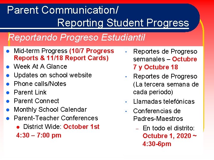 Parent Communication/ Reporting Student Progress Reportando Progreso Estudiantil l l l l Mid-term Progress