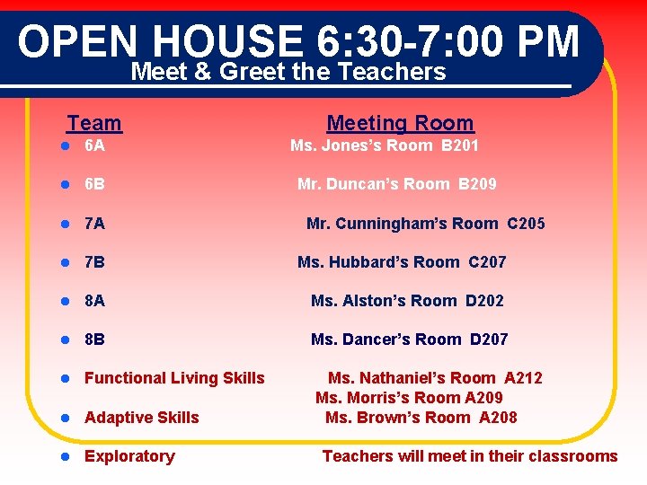 OPEN HOUSE 6: 30 -7: 00 PM Meet & Greet the Teachers Team Meeting