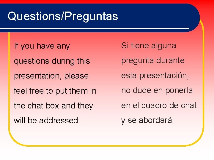 Questions/Preguntas If you have any Si tiene alguna questions during this pregunta durante presentation,