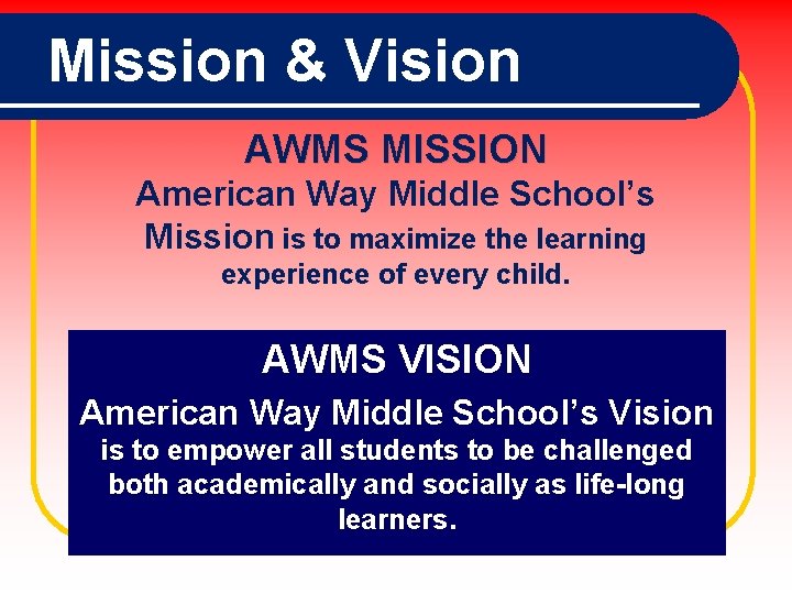Mission & Vision AWMS MISSION American Way Middle School’s Mission is to maximize the
