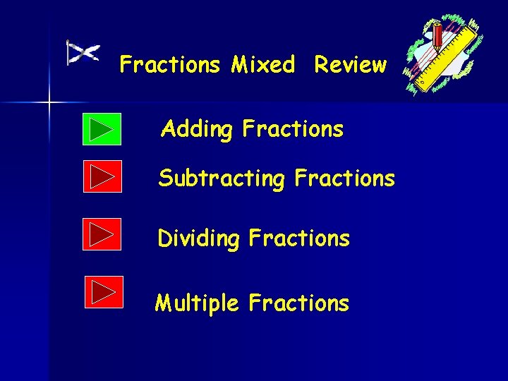 Fractions Mixed Review Adding Fractions Subtracting Fractions Dividing Fractions Multiple Fractions 