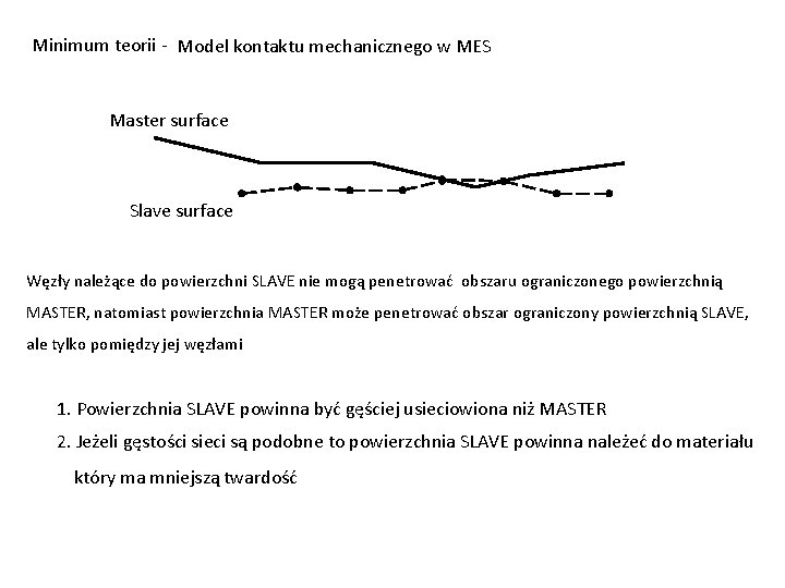 Minimum teorii - Model kontaktu mechanicznego w MES Master surface Slave surface Węzły należące