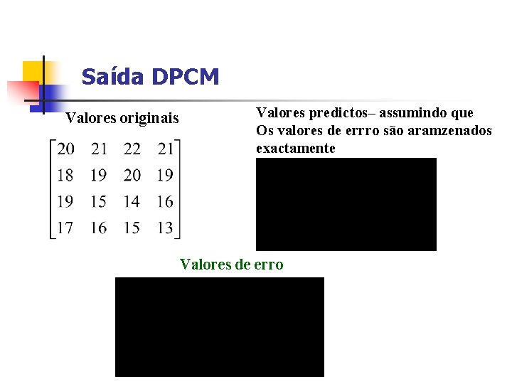 Saída DPCM Valores originais Valores predictos– assumindo que Os valores de errro são aramzenados