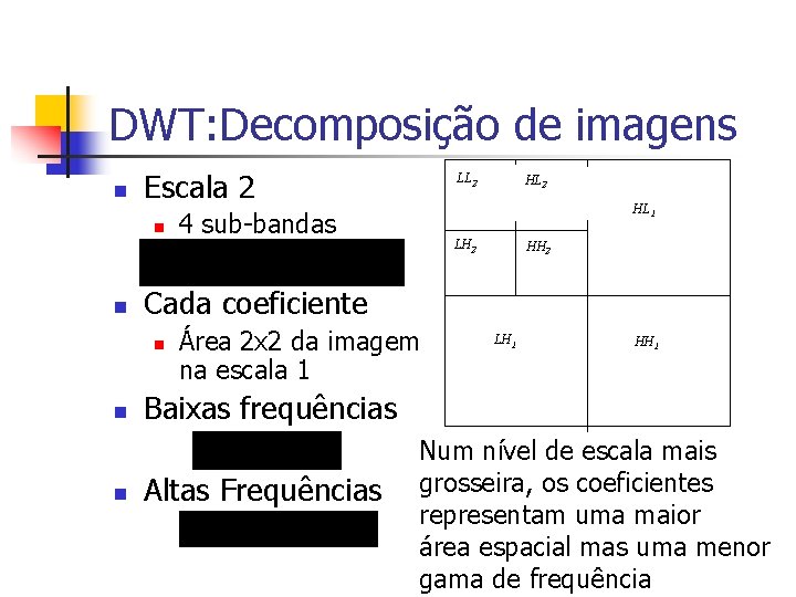 DWT: Decomposição de imagens n Escala 2 n n n HL 2 HL 1
