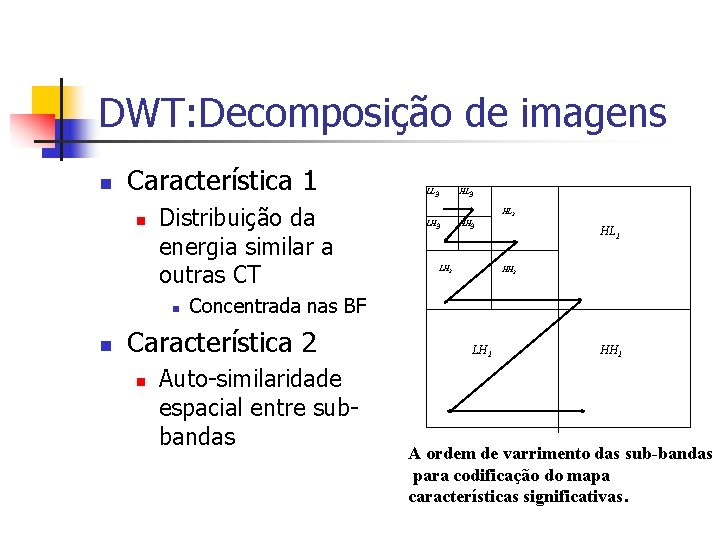 DWT: Decomposição de imagens n Característica 1 n Distribuição da energia similar a outras