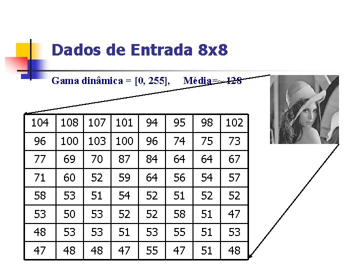 Dados de Entrada 8 x 8 Gama dinâmica = [0, 255], Média=~ 128 104