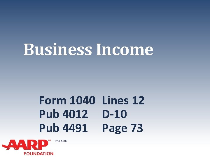 Business Income Form 1040 Lines 12 Pub 4012 D-10 Pub 4491 Page 73 TAX-AIDE