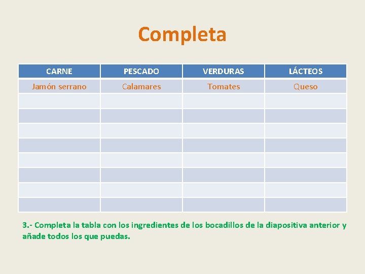 Completa CARNE PESCADO VERDURAS LÁCTEOS Jamón serrano Calamares Tomates Queso 3. - Completa la Completa CARNE PESCADO VERDURAS LÁCTEOS Jamón serrano Calamares Tomates Queso 3. - Completa la