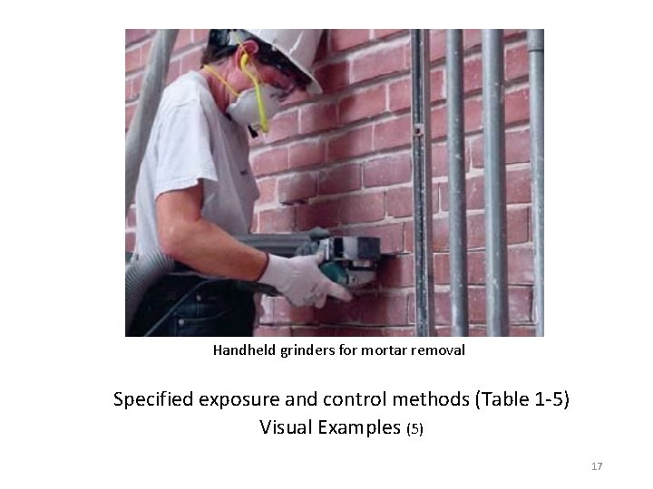 Handheld grinders for mortar removal Specified exposure and control methods (Table 1 -5) Visual