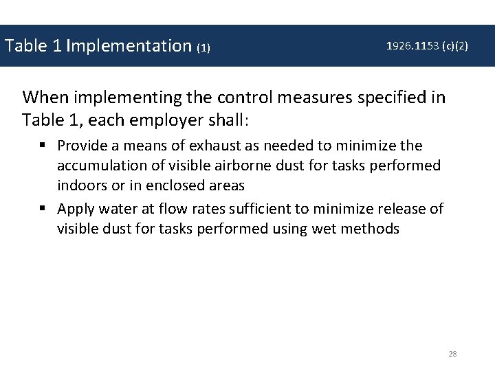 Table 1 Implementation (1) 1926. 1153 (c)(2) When implementing the control measures specified in