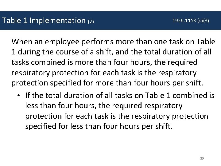 Table 1 Implementation (2) 1926. 1153 (c)(3) When an employee performs more than one