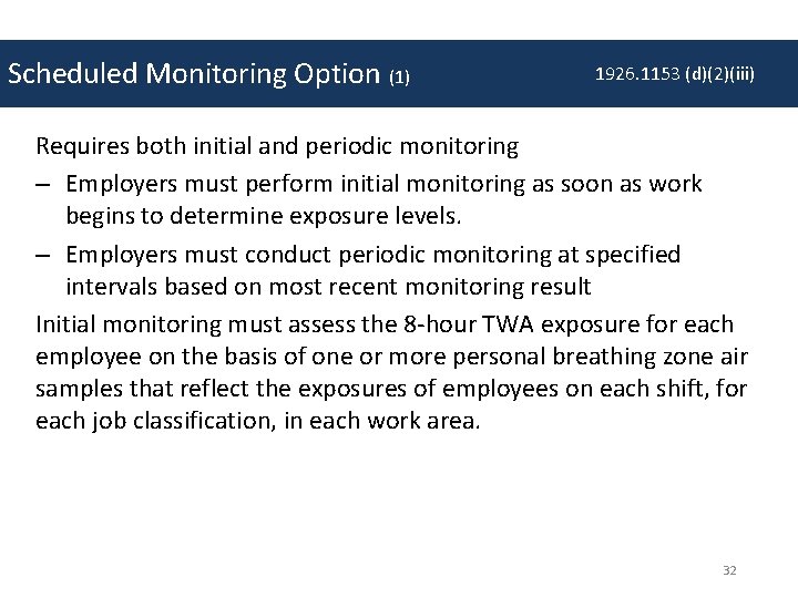 Scheduled Monitoring Option (1) 1926. 1153 (d)(2)(iii) Requires both initial and periodic monitoring –