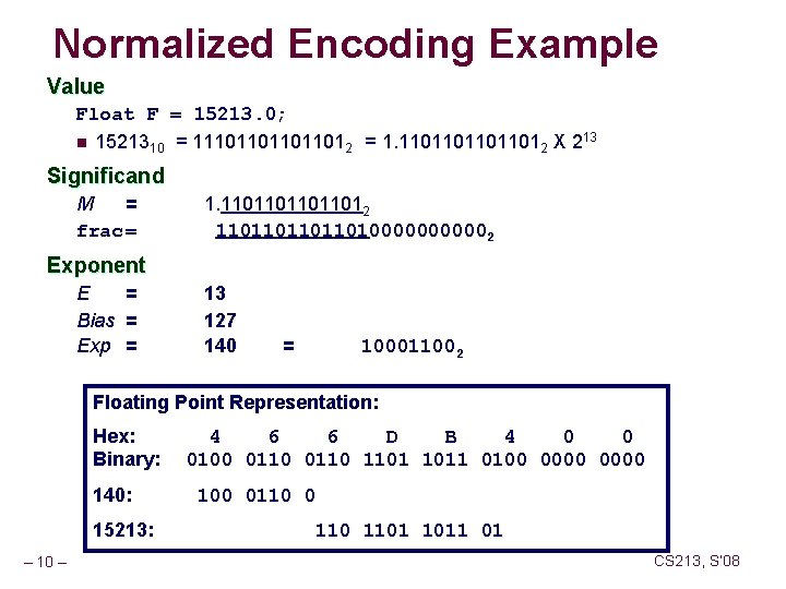 Normalized Encoding Example Value Float F = 15213. 0; n 1521310 = 111011012 =