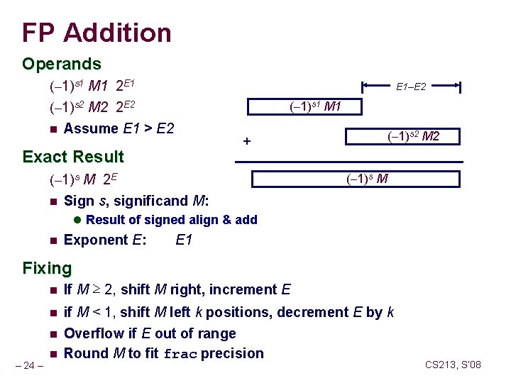 FP Addition Operands (– 1)s 1 M 1 2 E 1 (– 1)s 2