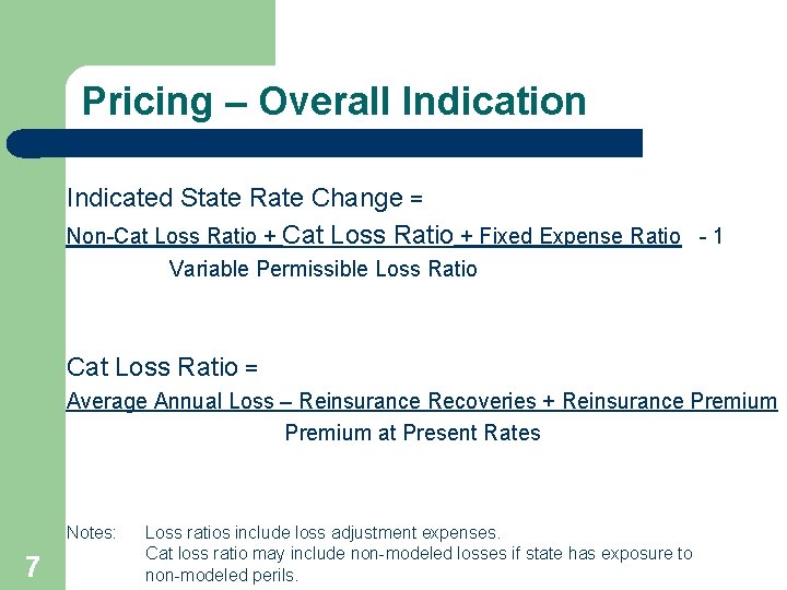 Pricing – Overall Indication Indicated State Rate Change = Non-Cat Loss Ratio + Fixed