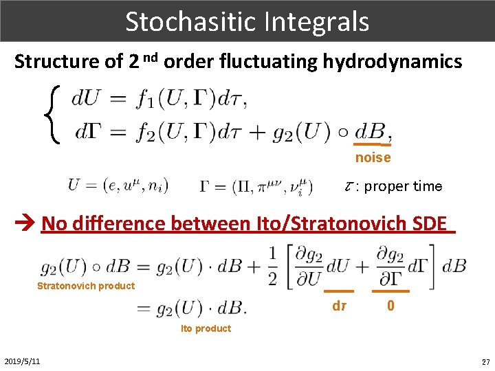 Part. X (1/1) Stochasitic Integrals Structure of 2 nd order fluctuating hydrodynamics noise τ: