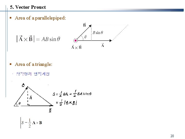 5. Vector Prouct § Area of a parallelepiped: § Area of a triangle: 20 5. Vector Prouct § Area of a parallelepiped: § Area of a triangle: 20