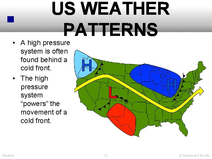 US WEATHER PATTERNS • A high pressure system is often found behind a cold