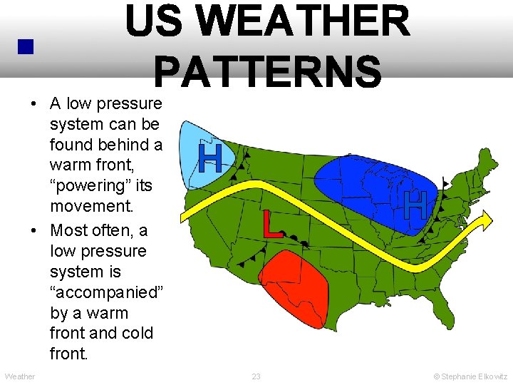 US WEATHER PATTERNS • A low pressure system can be found behind a warm