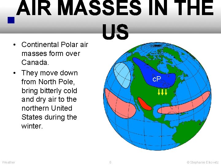 AIR MASSES IN THE US • Continental Polar air masses form over Canada. •