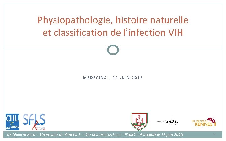 Physiopathologie, histoire naturelle et classification de l’infection VIH MÉDECINS – 14 JUIN 2016 Dr