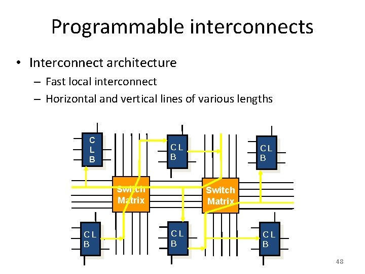 Programmable interconnects • Interconnect architecture – Fast local interconnect – Horizontal and vertical lines