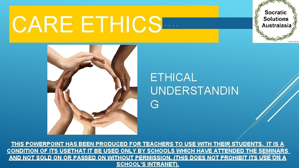 CARE ETHICS . . ETHICAL UNDERSTANDIN G THIS POWERPOINT HAS BEEN PRODUCED FOR TEACHERS