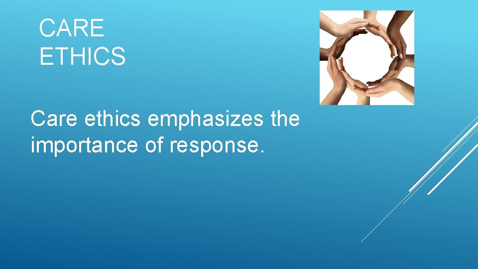 CARE ETHICS Care ethics emphasizes the importance of response. 