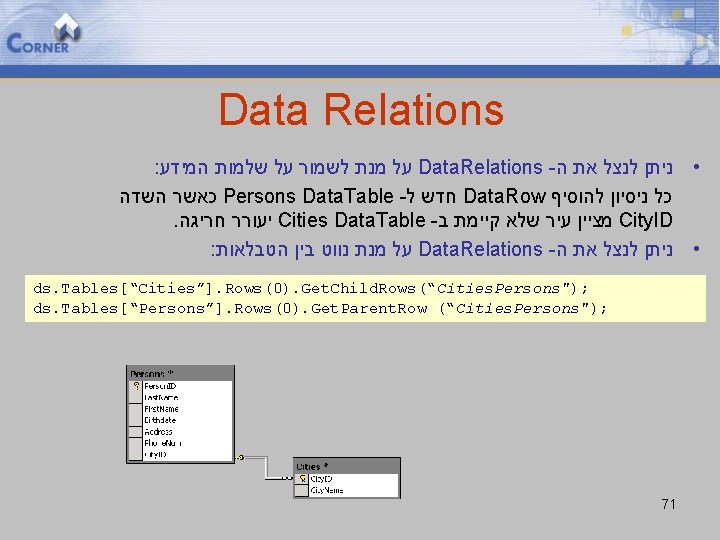 Data Relations : על מנת לשמור על שלמות המידע Data. Relations - • ניתן