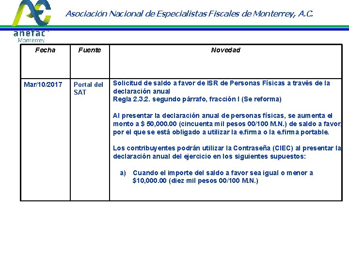 Asociación Nacional de Especialistas Fiscales de Monterrey, A. C. Fecha Mar/10/2017 Fuente Portal del