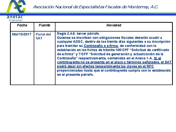 Asociación Nacional de Especialistas Fiscales de Monterrey, A. C. Fecha Mar/10/2017 Fuente Portal del