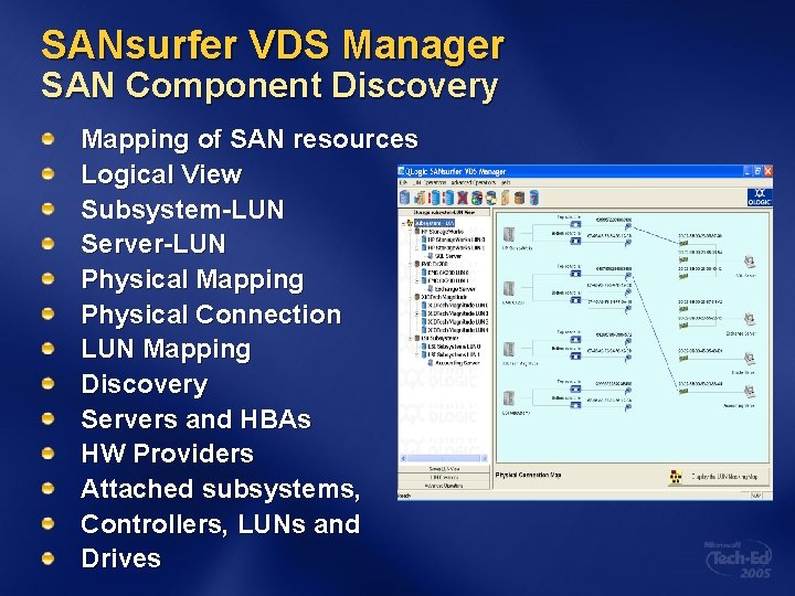 SANsurfer VDS Manager SAN Component Discovery Mapping of SAN resources Logical View Subsystem-LUN Server-LUN