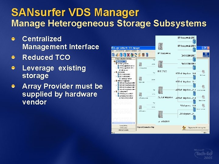 SANsurfer VDS Manager Manage Heterogeneous Storage Subsystems Centralized Management Interface Reduced TCO Leverage existing