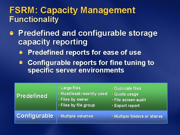 FSRM: Capacity Management Functionality Predefined and configurable storage capacity reporting Predefined reports for ease