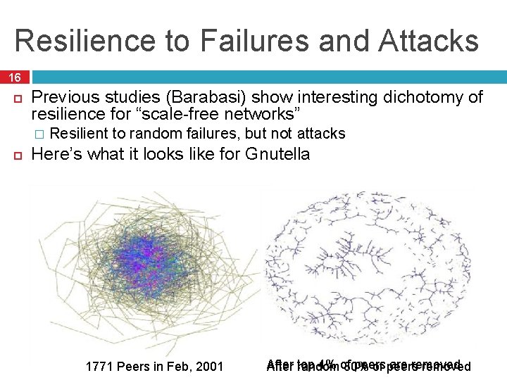 Resilience to Failures and Attacks 16 Previous studies (Barabasi) show interesting dichotomy of resilience