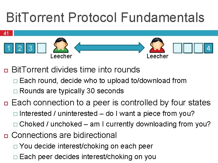 Bit. Torrent Protocol Fundamentals 41 4 1 2 3 Leecher Bit. Torrent divides time