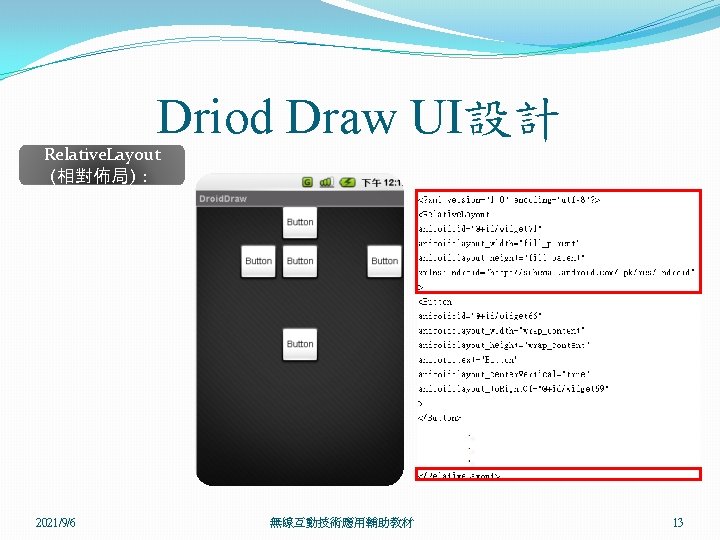 Driod Draw UI設計 Relative. Layout (相對佈局)： 2021/9/6 無線互動技術應用輔助教材 13 