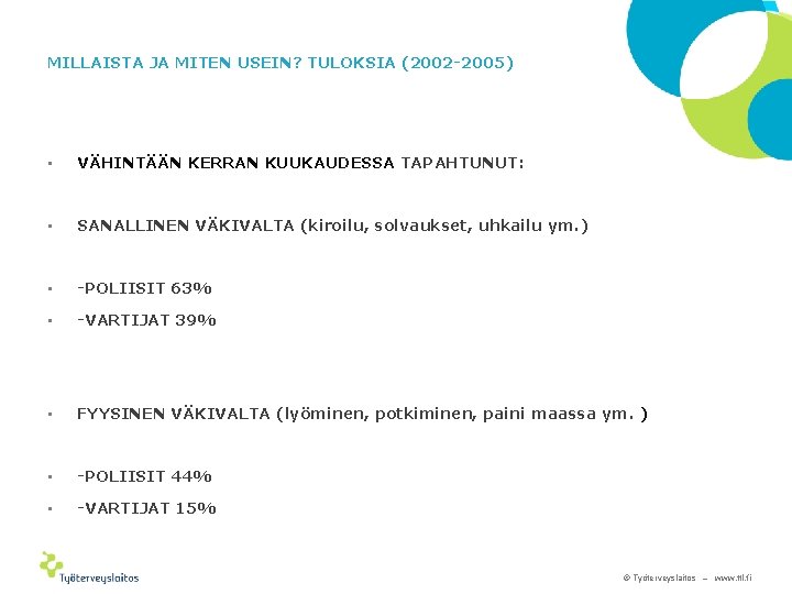 MILLAISTA JA MITEN USEIN? TULOKSIA (2002 -2005) • VÄHINTÄÄN KERRAN KUUKAUDESSA TAPAHTUNUT: • SANALLINEN