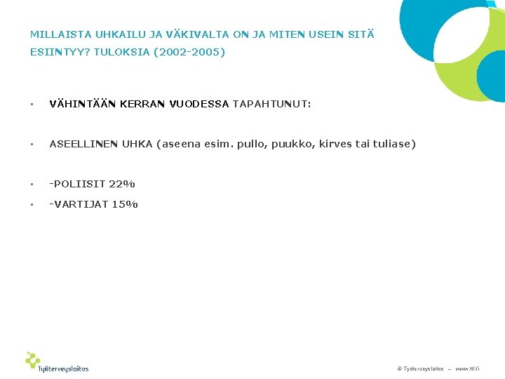 MILLAISTA UHKAILU JA VÄKIVALTA ON JA MITEN USEIN SITÄ ESIINTYY? TULOKSIA (2002 -2005) •