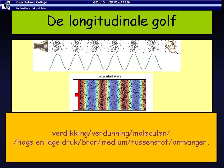 23 -1 -2022 GELUID - VERPLAATSEN De longitudinale golf verdikking/verdunning/moleculen/ /hoge en lage druk/bron/medium/tussenstof/ontvanger.